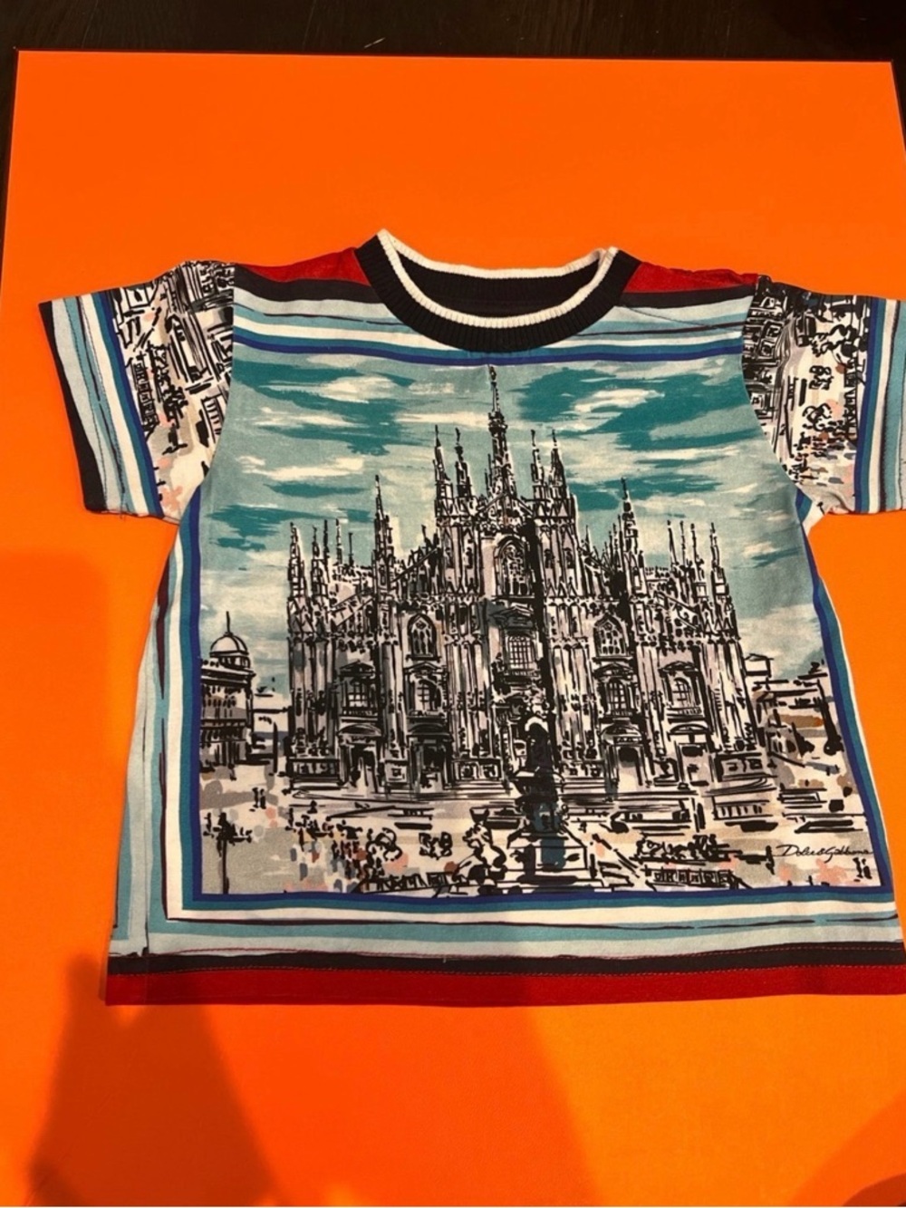 Dolce & Gabbana Teal & Blue Graphic Kids Tee with Black Architectural Print